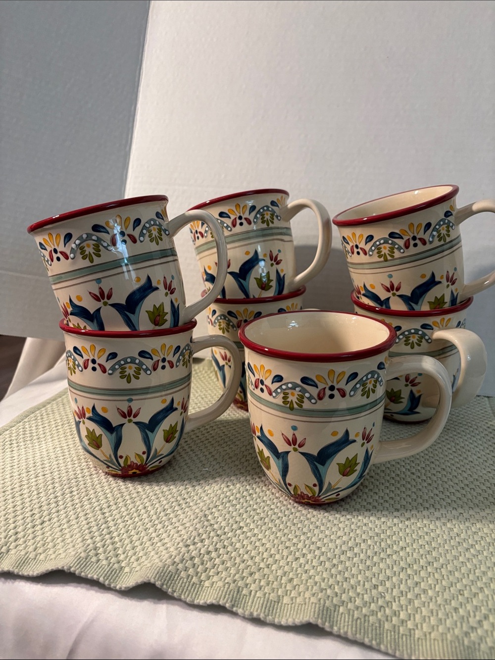 7-Bobby Flay Seville 12oz. Earthen Ware Mugs Red Rim Discontinued